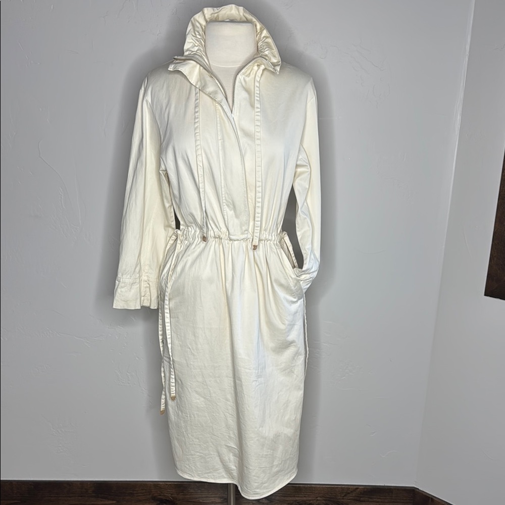 Zara Cream Long Sleeve Hooded Drawstring Midi Dress